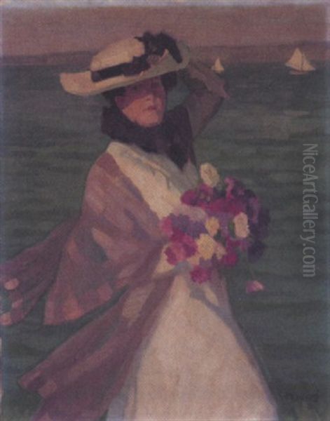 Damenportrait Mit Blumenbouquet Am Ufer Mit Segelbooten Oil Painting by Walter Georgi