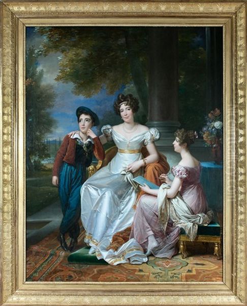 Portrait De Zoe Victoire Talon, Comtesse Baschi Du Cayla Et Ses Enfants, Valentine Et Ugolin, Sur La Terrasse Du Chateau De Saint-ouen Oil Painting by Francois Pascal Simon Gerard