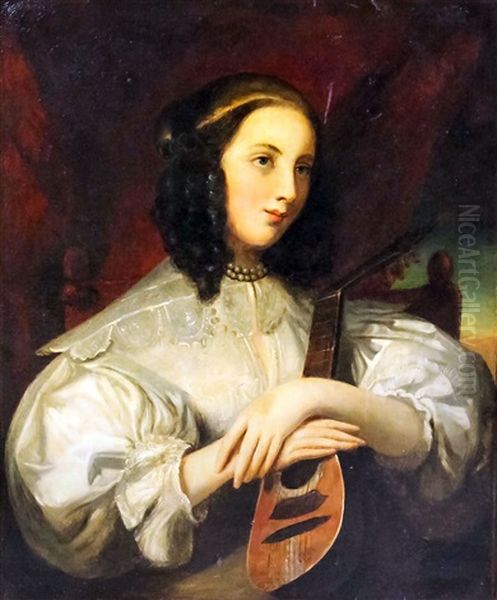 Shoulder Length Portrait Of A Young Woman With A Mandolin Wearing Lace Collar, Puffed Sleeves And Her Hair Dressed In Ringlets Oil Painting by Francois Pascal Simon Gerard