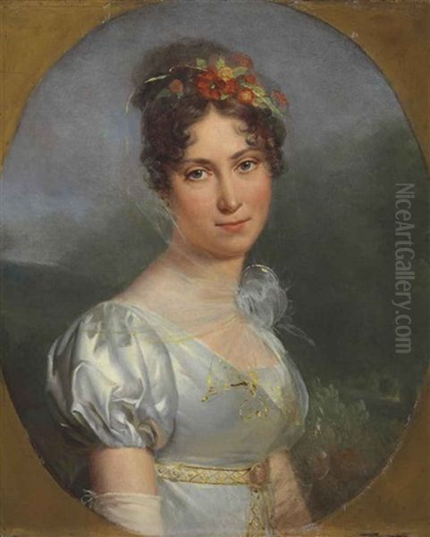 Portrait Of A Lady, Half-length, In A Silver Dress And With Flowers In Her Hair, A Landscape Beyond, In A Painted Oval Oil Painting by Francois Pascal Simon Gerard