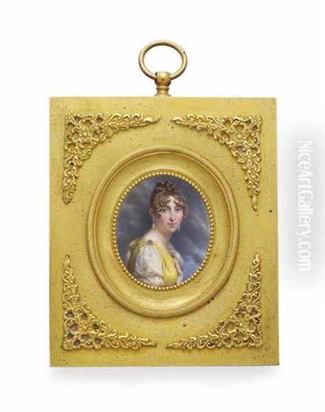 Hortense De Beauharnais (1783-1837), Queen Of Holland, In Yellow Dress Gathered At Shoulder With Diamond And Sapphire-set Brooch Over White Silk Dress... Oil Painting by Francois Pascal Simon Gerard