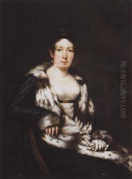 A Portrait Of A Lady Seated, Wearing A Blue Ermine Lined Cloak And Holding A Pair Of Gloves Oil Painting by Francois Pascal Simon Gerard