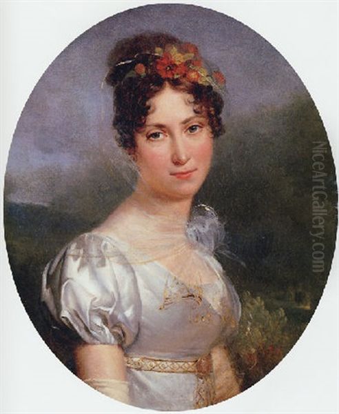 Portrait Of A Lady In A Silver Dress Ad With Flowers In Her Hair Oil Painting by Francois Pascal Simon Gerard