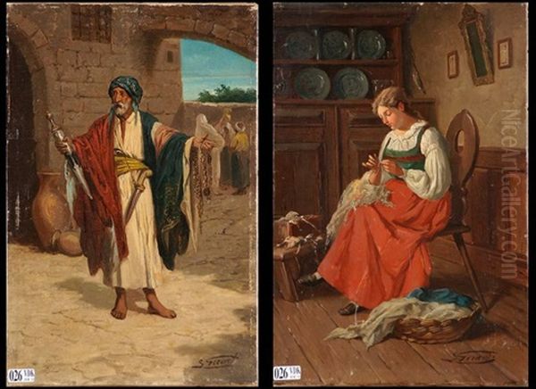 Le Marchand Ambulant Dans Les Souks Et Jeune Fille A La Couture (2 Works) by Lucien Gerard