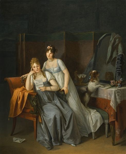 Two Ladies In An Interior Reading A Letter, With A Dog On A Bench Looking Into A Mirror Oil Painting by Marguerite Gerard