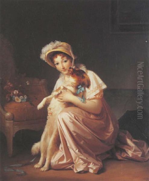 Portrait D'une Jeune Femme Jouant Avec Son Chien Oil Painting by Marguerite Gerard