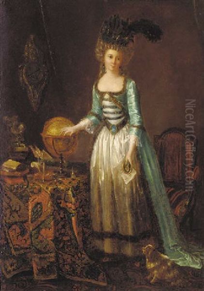 Portrait Of A Lady In A White And Blue Dress And A Plumed Hat, At A Draped Table Oil Painting by Marguerite Gerard