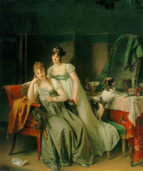 Two Ladies In An Interior Reading A Letter Oil Painting by Marguerite Gerard