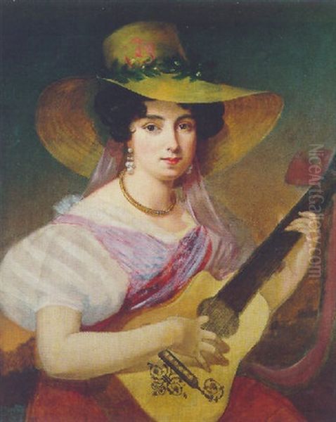 Portrait De Jeune Femme Jouant De La Guitare Oil Painting by Marguerite Gerard