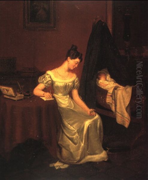 La Jeune Femme Ecrivant . Son Epoux Oil Painting by Marguerite Gerard