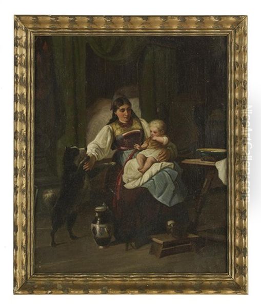 Mother And Child With Dog Oil Painting by Theodore Gerard