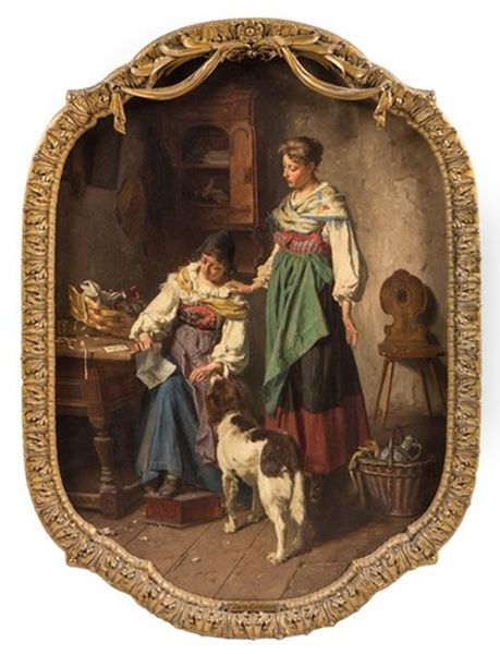 Two Figures And Dog With Seated Woman Reading Oil Painting by Theodore Gerard