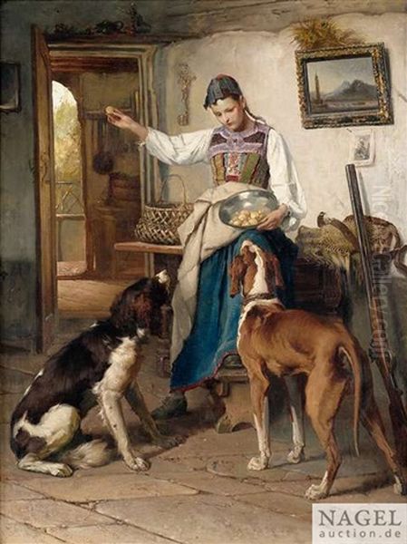 Im Eingang Eines Bauernhauses Futtert Ein Madchen Zwei Jagdhunde Oil Painting by Theodore Gerard