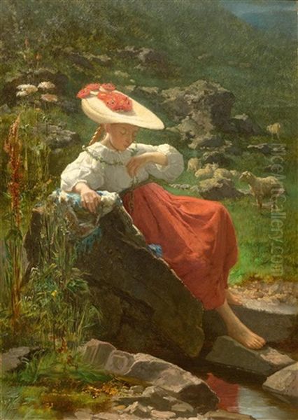 Young Flower Girl By The Water Oil Painting by Theodore Gerard