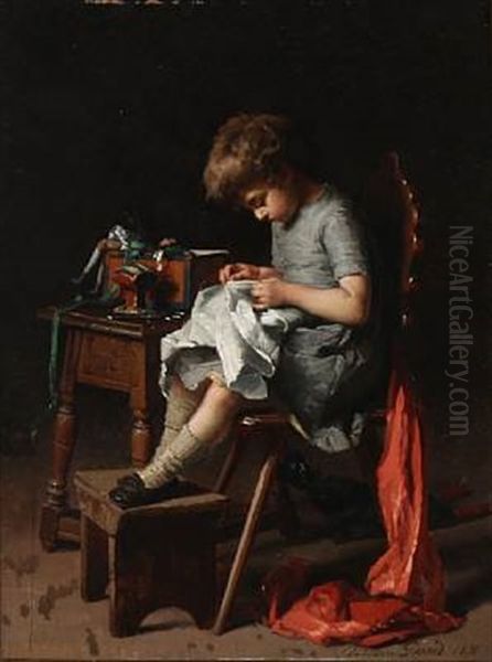 A Little Girl With Her Needlework Oil Painting by Theodore Gerard