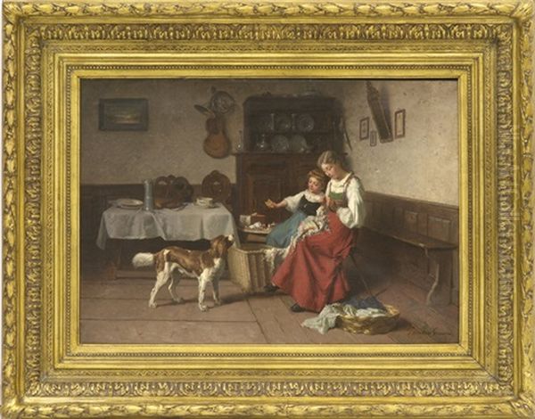 Landliche Idylle - Genreszenerie Einer Bauernstube Mit Zwei Stickenden Madchen Und Jagdhund Oil Painting by Theodore Gerard