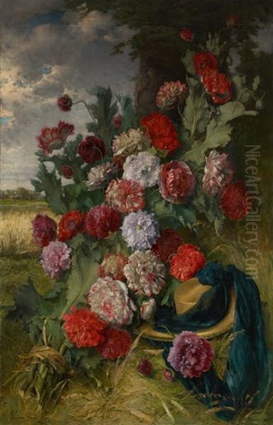 Composition Aux Pivoines Sur Fond De Paysage Oil Painting by Theodore Gerard