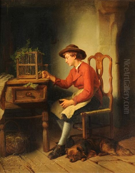 Junge Mit Hund Das Voglein Futternd Oil Painting by Theodore Gerard