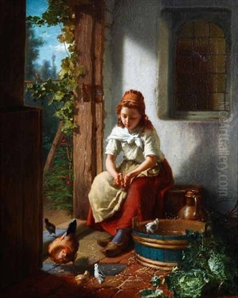 Feeding The Chickens Oil Painting by Theodore Gerard