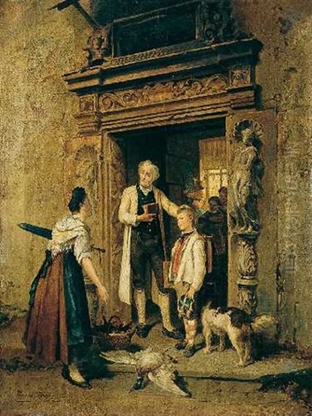 Lehrer Mit Einem Schuler Und Dessen Mutter Vor Dem Klassenzimmer Oil Painting by Theodore Gerard