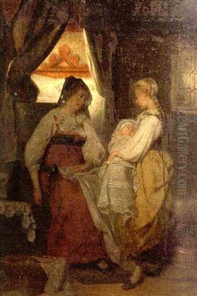 Interior Scene With Woman And Girl Holding A Baby Oil Painting by Theodore Gerard