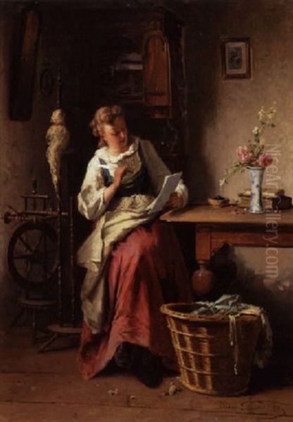 Interior Med Ung Pige, Der Skriver Et Brev Oil Painting by Theodore Gerard