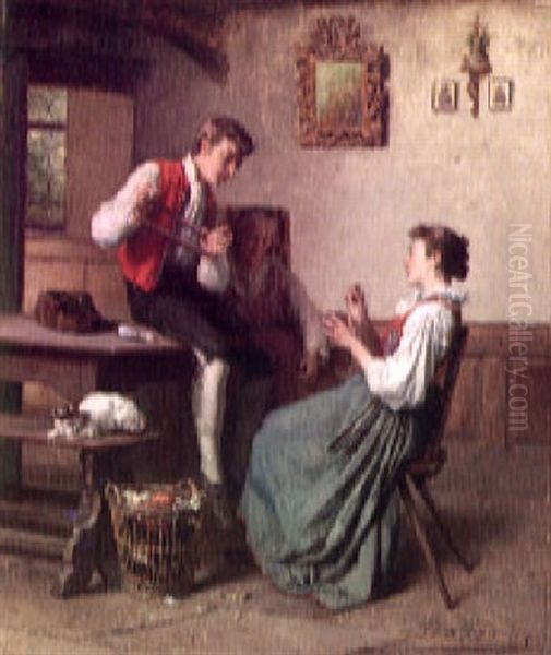 Figures In An Interior Oil Painting by Theodore Gerard