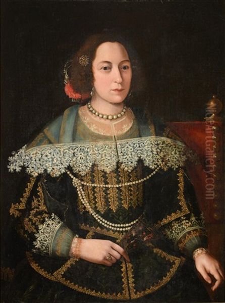 Portrait Of A Lady, Seated, Half Length, Wearing A Fine Lace Collar And Cuffs Over A Black Brocaded Dress Decorated With Gold Detailing, A Baroque Pearl Necklace And Earrings, Holding A Fan Oil Painting by Marcus Gerards the Elder