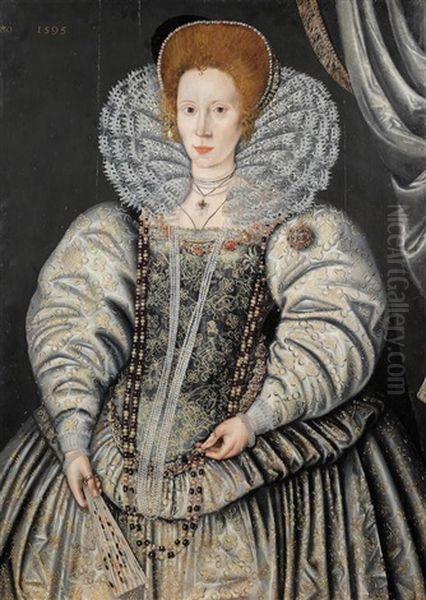 Portrait Of A Lady, Traditionally Identified As Elizabeth Throckmorton, Three-quarter-length, In A Gold And White Embroidered Dress With A Lace Collar Oil Painting by Marcus Gerards the Younger