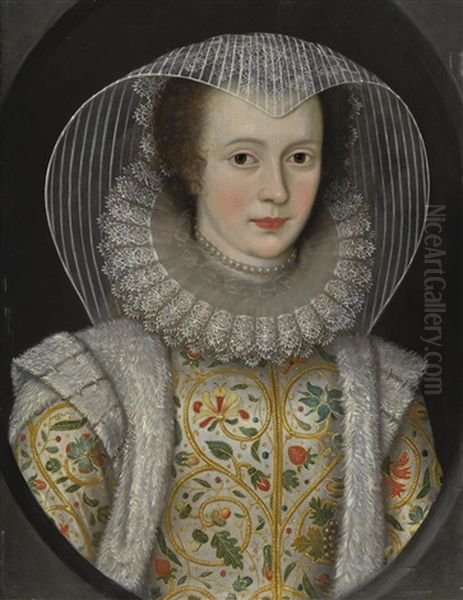 Portrait Of Frances, Lady Dering (1577-1657), Wearing A White Dress Richly Embroidered With Strawberries And Acorns Oil Painting by Marcus Gerards the Younger