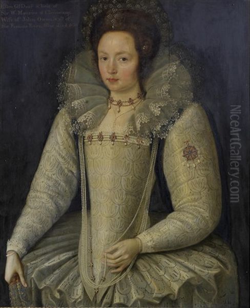 Portrait Of Ellen Maurice, Three-quarter-length, In A White Lace Ruff And White Dress Embellished With Pearls Oil Painting by Marcus Gerards the Younger