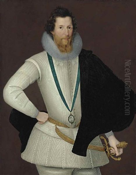 Portrait Of Robert Devereux, 2nd Earl Of Essex In A White Doublet And Hose With A Black Cape, Wearing The Order Of The Garter (collab. W/studio) Oil Painting by Marcus Gerards the Younger