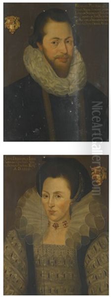 Portrait Of Richard Perceval, Of Twickenham, Somerset, Secretary Of The Court Of Wards In Ireland (+ Portrait Of His Wife, Alice, Daughter Of John Sherman Of Ottery St. Mary, Devon; Pair) Oil Painting by Marcus Gerards the Younger