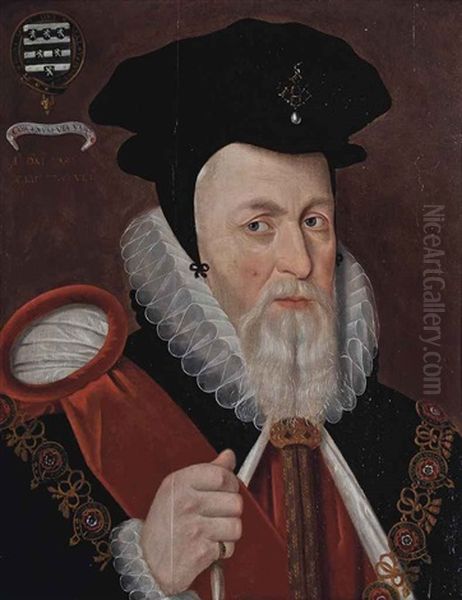 Portrait Of William Cecil (1520-1598), 1st Baron Burghley, Bust-length, As Lord High Treasurer, With A Coat-of-arms Oil Painting by Marcus Gerards the Younger