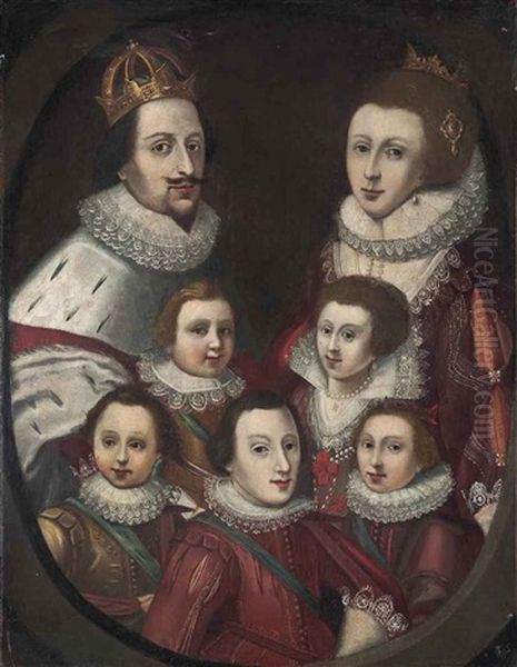 A Group Portrait Of A Nobleman With His Wife, Possibly Ferdinand Iii (1608-1657) And Maria Anna Of Spain (1606-1646), With Five Children, Half-lengths Oil Painting by Marcus Gerards the Younger