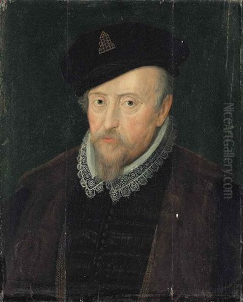 Portrait Of A Gentleman, Half-length, In A Black Slashed Doublet, A Lace Collar, A Fur-lined Jacket And A Black Hat With A Jewel Oil Painting by Marcus Gerards the Younger