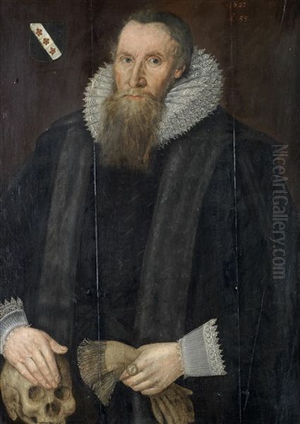 Portrait Of A Gentleman, Said To Be A Member Of The Dyntreg Family, Half-length, In A Fur-trimmed Black Coat, His Hand Resting On A Skull Oil Painting by Marcus Gerards the Younger