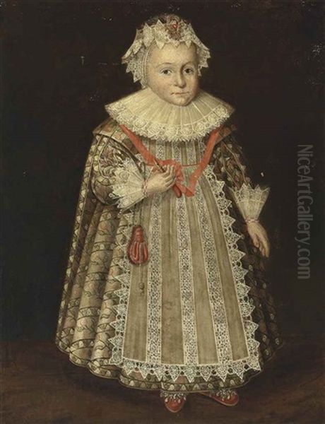 Portrait Of Anne Fisher (1585-1660), Full-length, In A Richly Embroidered White Dress With Flower Ornaments, Lace Cuffs And A Ruff, Wearing A Jewelled Lace Bonnet Oil Painting by Marcus Gerards the Younger