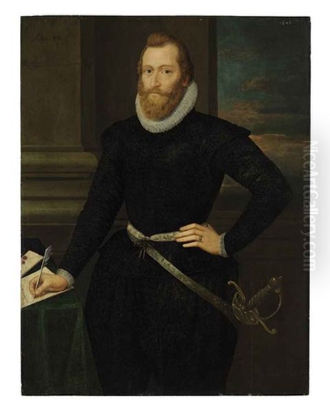 Portrait Of A Gentleman, Formerly Identified As Sir Walter Raleigh, In Black Standing By A Table Oil Painting by Marcus Gerards the Younger