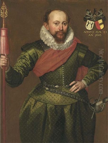 Portrait Of A Captain Of The Trainband, Three-quarter-length, In Green Doublet And Breeches Oil Painting by Marcus Gerards the Younger