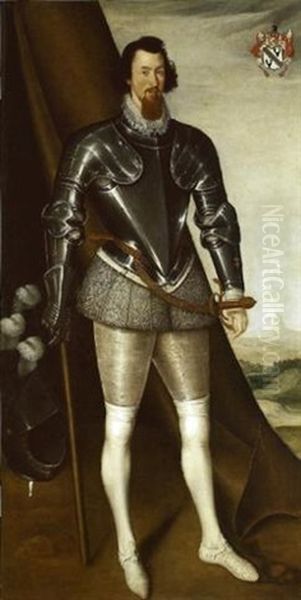 Portrait Of Sir John Needham, In Half-armour With A Grey Doublet And Hose, A Sword On His Left Oil Painting by Marcus Gerards the Younger