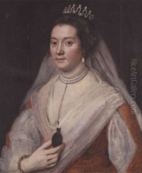 Portrait Of Diana, Countess Of Oxford, In A Red Embroidered Dress With Slashed Sleeves, A White Headdress And A Pearl Choker, Holding A Monogrammed Locket Oil Painting by Marcus Gerards the Younger