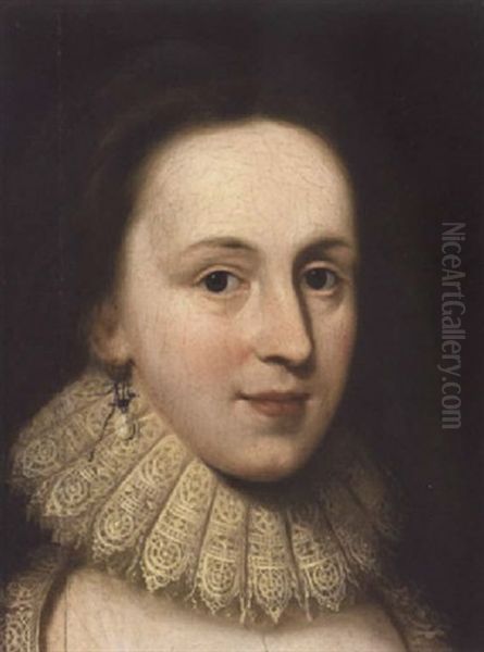 Portrait Of A Lady, (elisabeth Of Bohemia, The Winter Queen?), In An Embroidered Ruff And Pearl Earring Oil Painting by Marcus Gerards the Younger