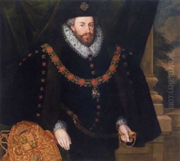 Portrait Of Sir Christopher Hatton Wearing The Garter Chain, And A Fur Lined Coat, His Bag Of Office To The Left Oil Painting by Marcus Gerards the Younger