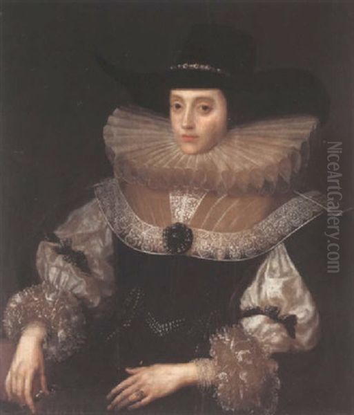 Portrait Of A Lady Wearing A Black Dress With White Lace Ruff And A Black Hat, Wearing Pearl Bracelets Oil Painting by Marcus Gerards the Younger