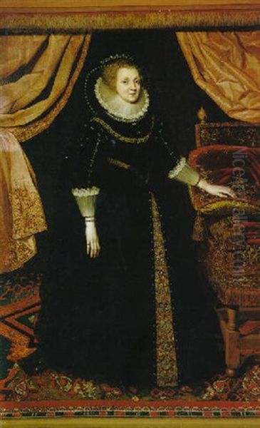 Portrait Of A Lady, Full Length Standing, Wearing A Black Dress With White Lace Ruff And Cuffs, A Chair To Her Right Oil Painting by Marcus Gerards the Younger