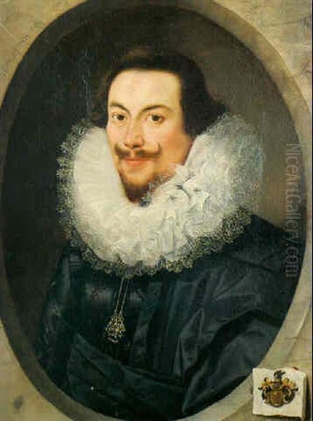 Portrait Of A Nobleman, Age 30, Wearing Black Costume And Lace Collar Oil Painting by Marcus Gerards the Younger