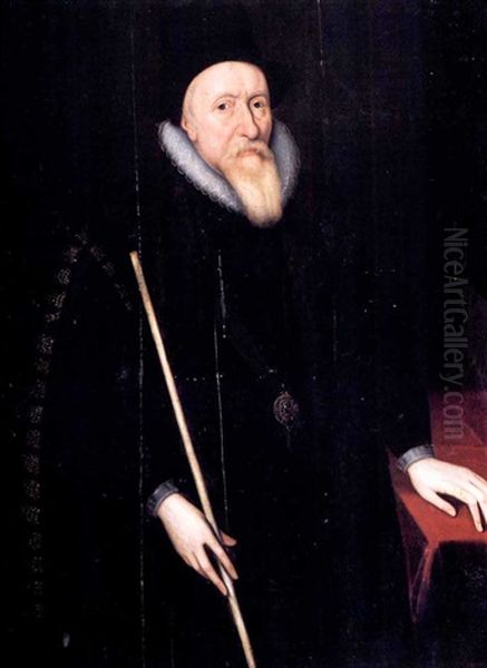 Portrait Of William Cecil, 1st Lord Burghley, Standingthree-quarter Length, Wearing A Dark Costume With White Collar Oil Painting by Marcus Gerards the Younger