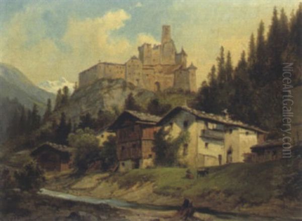 Blick Auf Die Festung Taufers In Tirol Oil Painting by August Gerasch