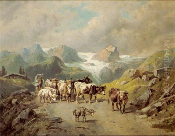 Almauftrieb Im Hintergrund Der Dachstein Oil Painting by August Gerasch